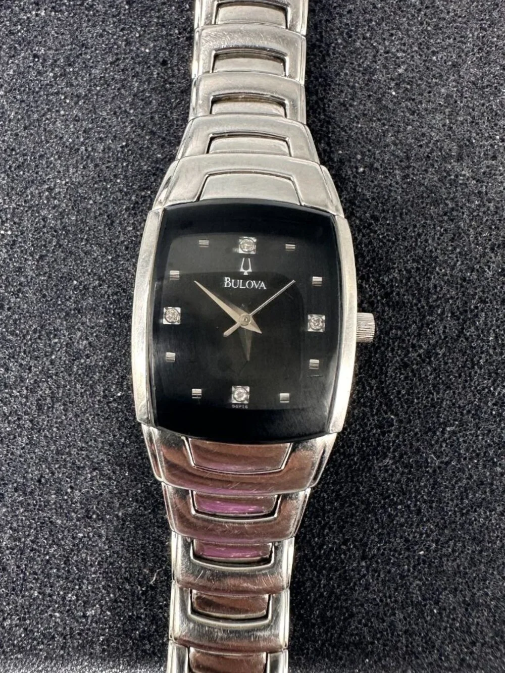 Bulova Watch Women Silver Tone Black Dial 96P15 New Battery 6.75